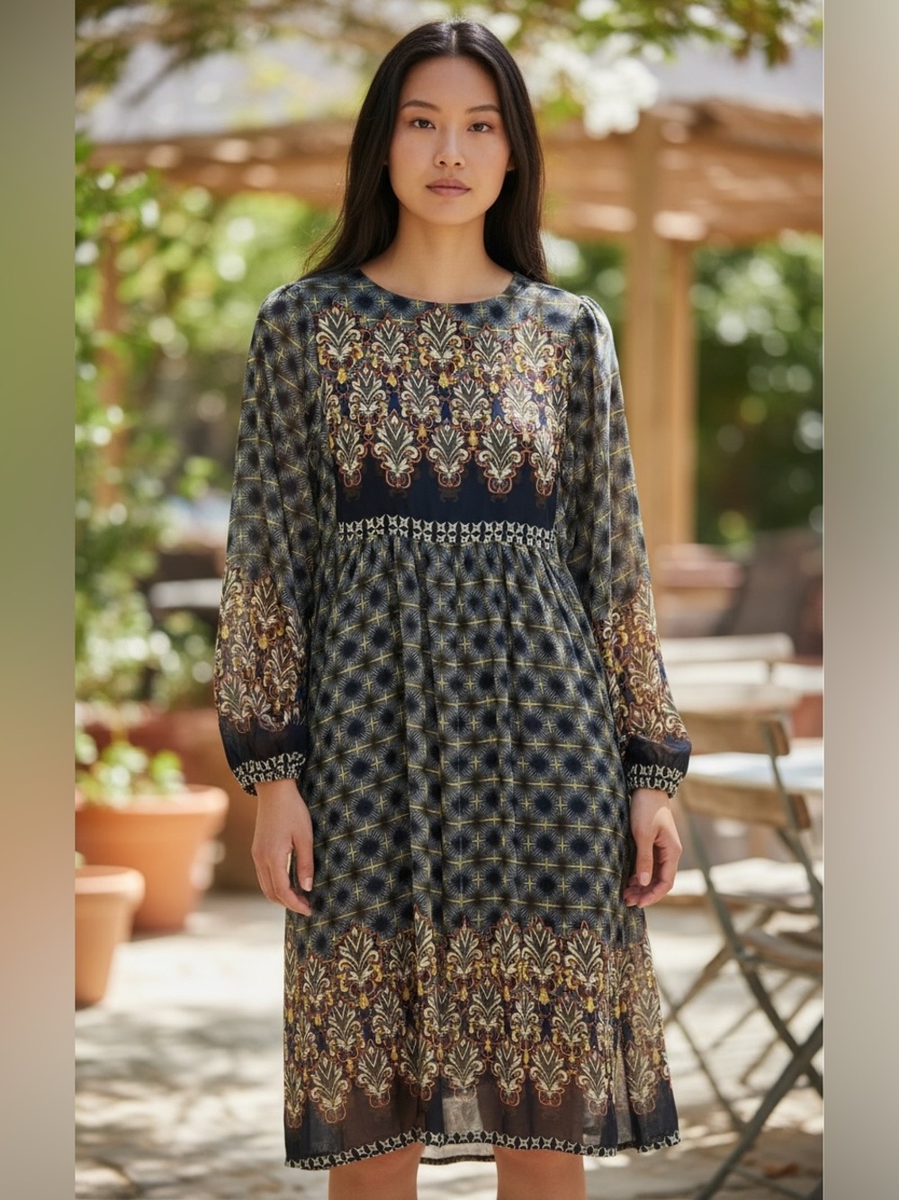 Reborn Multicolor Boho Long Sleeve Midi Dress